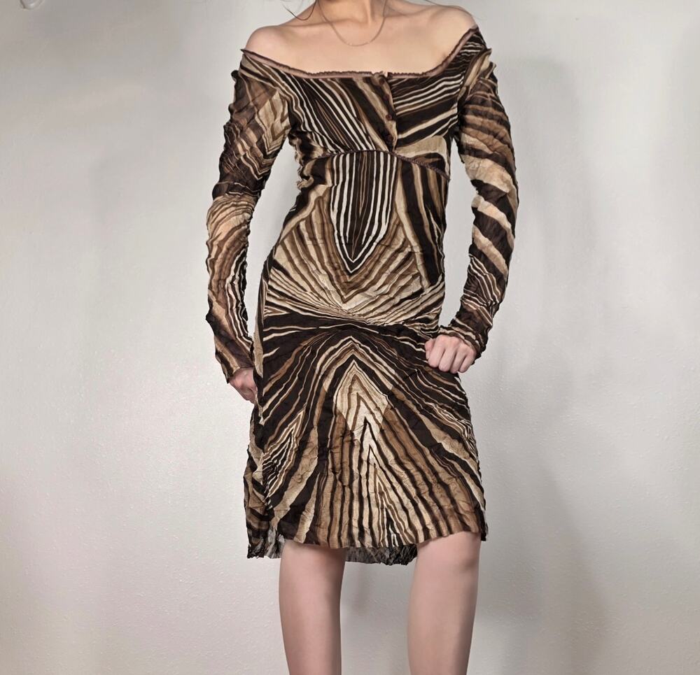 Y2K Euro Mesh Off Shoulder Mini Dress Brown Abstract Anmail Print Long Sleeve